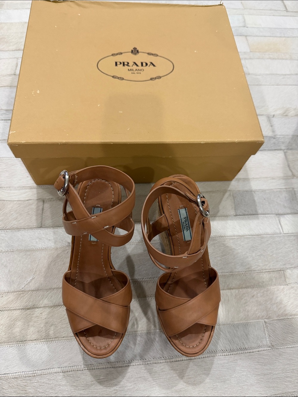 Prada Tan Leather Crisscross Ankle-Strap wedge Sandals